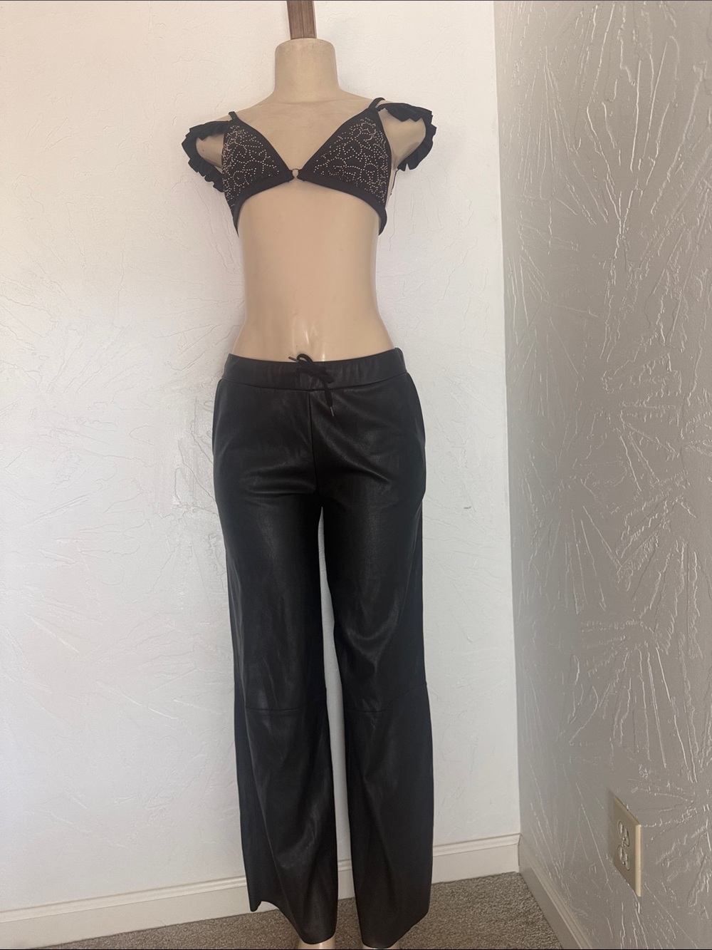 Black Faux-Leather Wide-Leg Pants Pants  drawstring waist S/M